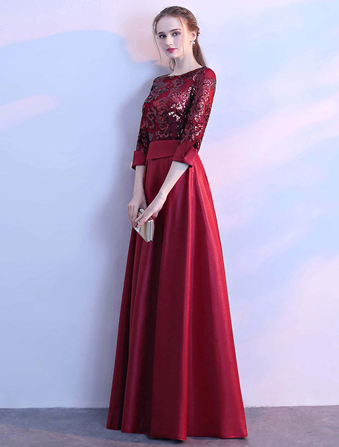 A-Line Bridesmaid Dress Jewel Neck Long Sleeve Beautiful Back Floor Length Satin / Tulle / Sequined with Sash / Ribbon / Pleats-SOGOTADE