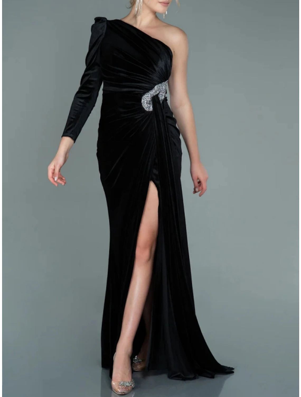 A-Line Evening Gown Christmas Elegant Dress Formal Sweep / Brush Train Long Sleeve One Shoulder Velvet with Glitter Pleats Ruched 2024-SOGOTADE