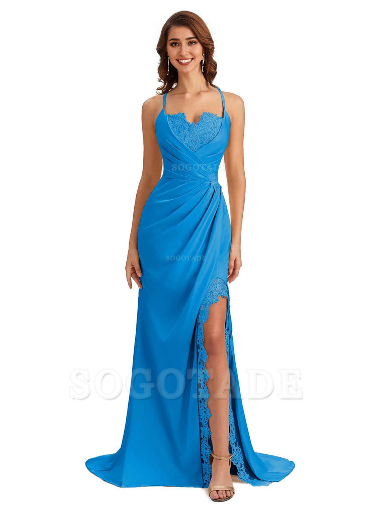 Sexy Side Slit Spaghetti Straps Lace Mermaid Silky Satin Wedding Guest Dresses