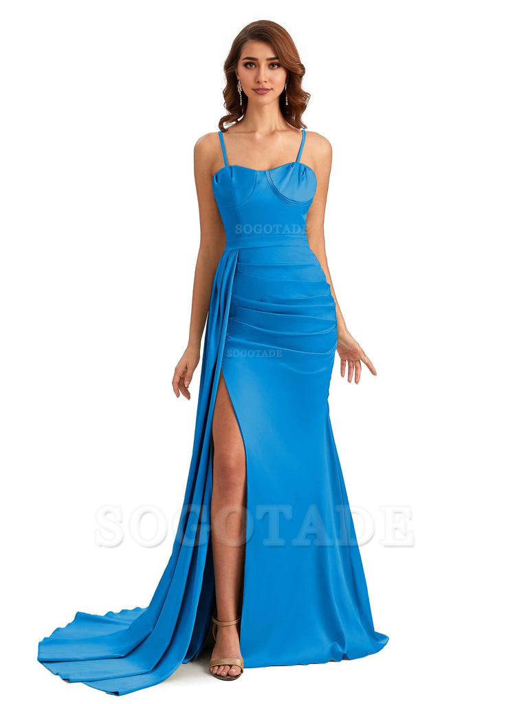 Sexy Spaghetti Straps Side Slit Mermaid Unique Long Bridesmaid Dresses In Satin