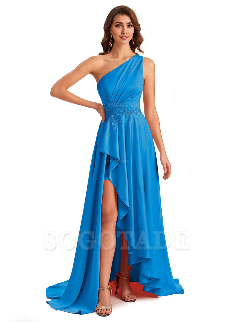 Sexy One Shoulder A-Line High Low Silky Satin Lace Long Formal Wedding Guest Dresses
