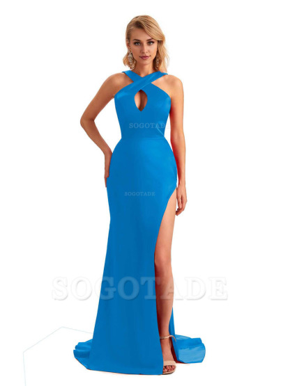 Sexy Side Slit Halter Mermaid Silky Satin Unique Long Formal Wedding Bridesmaid Dresses