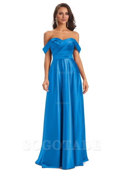 Sexy Soft Satin Off The Shoulder A-Line Long Bridesmaid Dresses Elegant Evening Party Dress