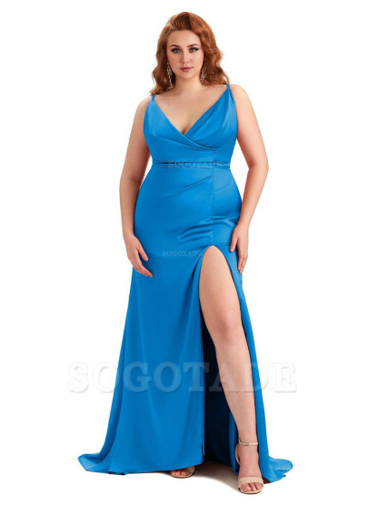 Sexy Side Slit Spaghetti Straps Mermaid Soft Satin Fashion Bridesmaid Dresses