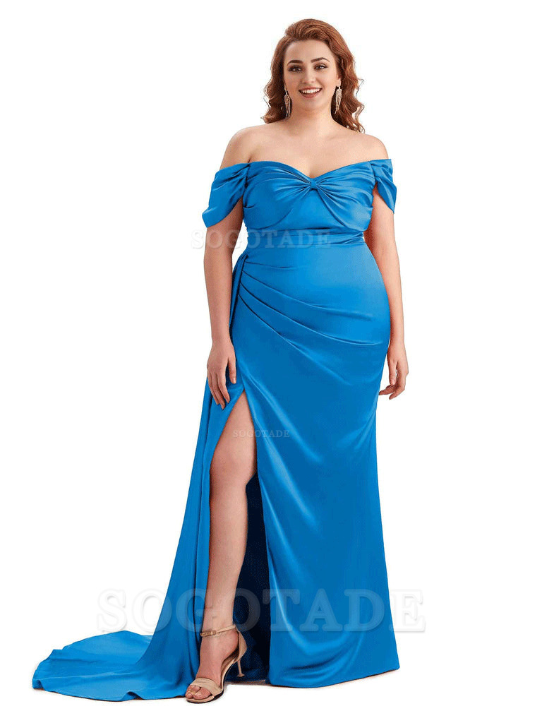  Sexy Side Slit Off The Shoulder Mermaid Soft Satin Long Plus Size Bridesmaid Dress For Wedding