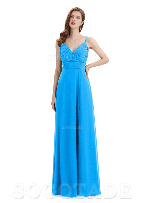 Chiffon V-Neck Spaghetti Strap Floor-Length Side Fork Long Bridesmaid Dresses Formal Women's Dresses Wedding Guests Dresses