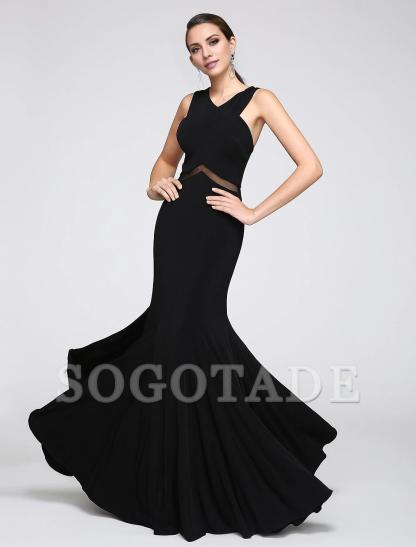 Mermaid / Trumpet Cross Front / Y Neck Floor Length Jersey Minimalist Holiday / Cocktail Party / Formal Evening Dress with Lace