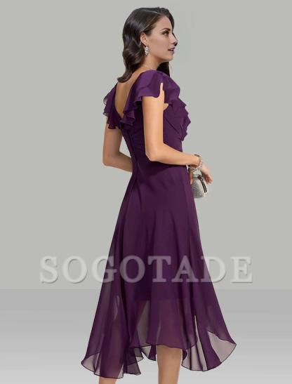 A-Line Wedding Guest Dresses Elegant Dress Cocktail Party Dress Semi Formal Tea Length Short Sleeve V Neck Chiffon with Rhinestone