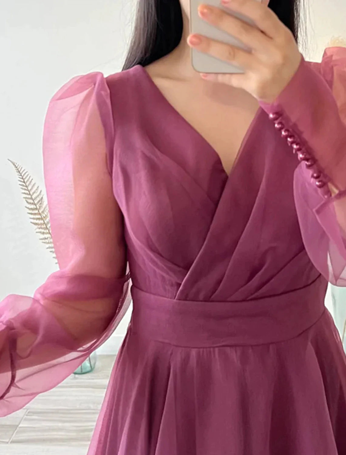 A-Line Cocktail Dresses Minimalist Dress Christmas Red Green Dress Wedding Guest Tea Length Long Sleeve V Neck Organza with Buttons Pure Color-SOGOTADE