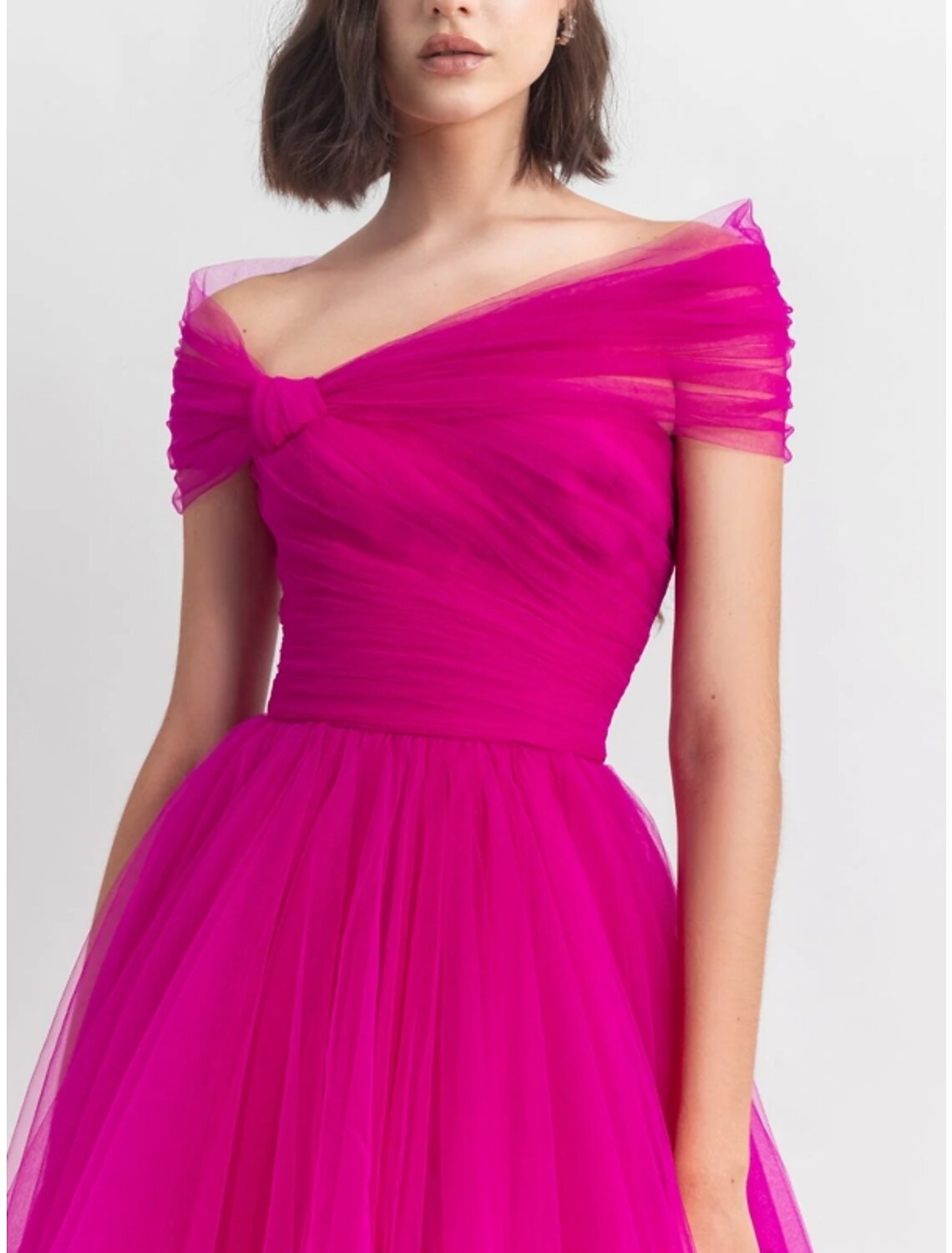 A-Line Evening Gown Party Dress Puffy Dress Formal Fall Ankle Length Short Sleeve Off Shoulder Tulle with Pleats Ruched 2024-SOGOTADE