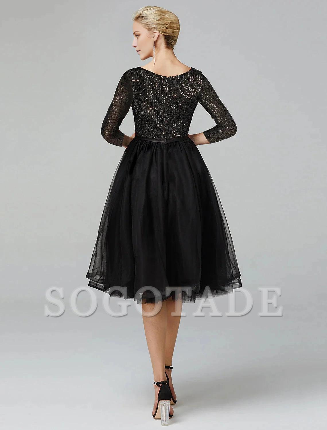 A-Line Cocktail Dresses Sparkle & Shine Dress Formal Wedding Guest Tea Length 3/4 Length Sleeve Jewel Neck Fall Wedding Guest Tulle with Sequin Strappy-SOGOTADE