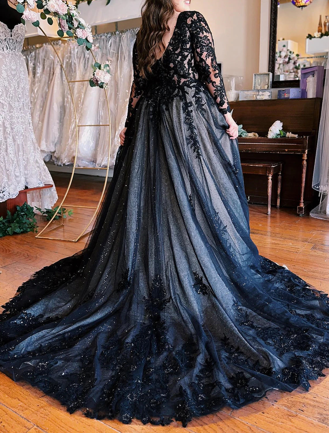 A-Line Evening Gown Black Dress Plus Size Formal Wedding Court Train Sleeveless V Neck Fall Wedding Reception Tulle with Slit Appliques 2024-SOGOTADE