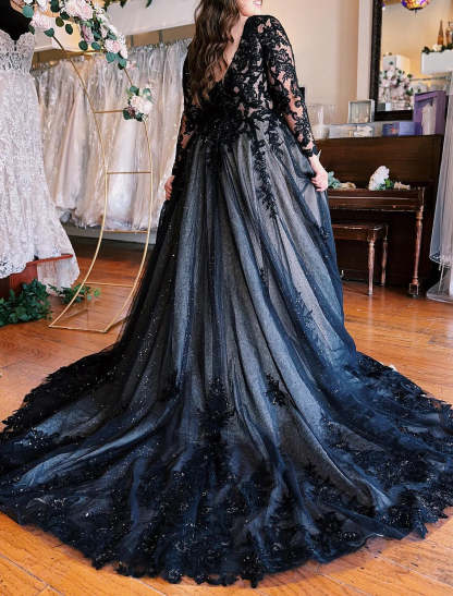 A-Line Evening Gown Black Dress Plus Size Formal Wedding Court Train Sleeveless V Neck Fall Wedding Reception Tulle with Slit Appliques 2024-SOGOTADE