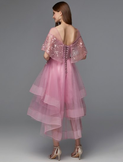 A-Line Elegant Dress Holiday Wedding Guest Asymmetrical Sleeveless Illusion Neck Lace Tie Back with Lace Insert 2024-SOGOTADE