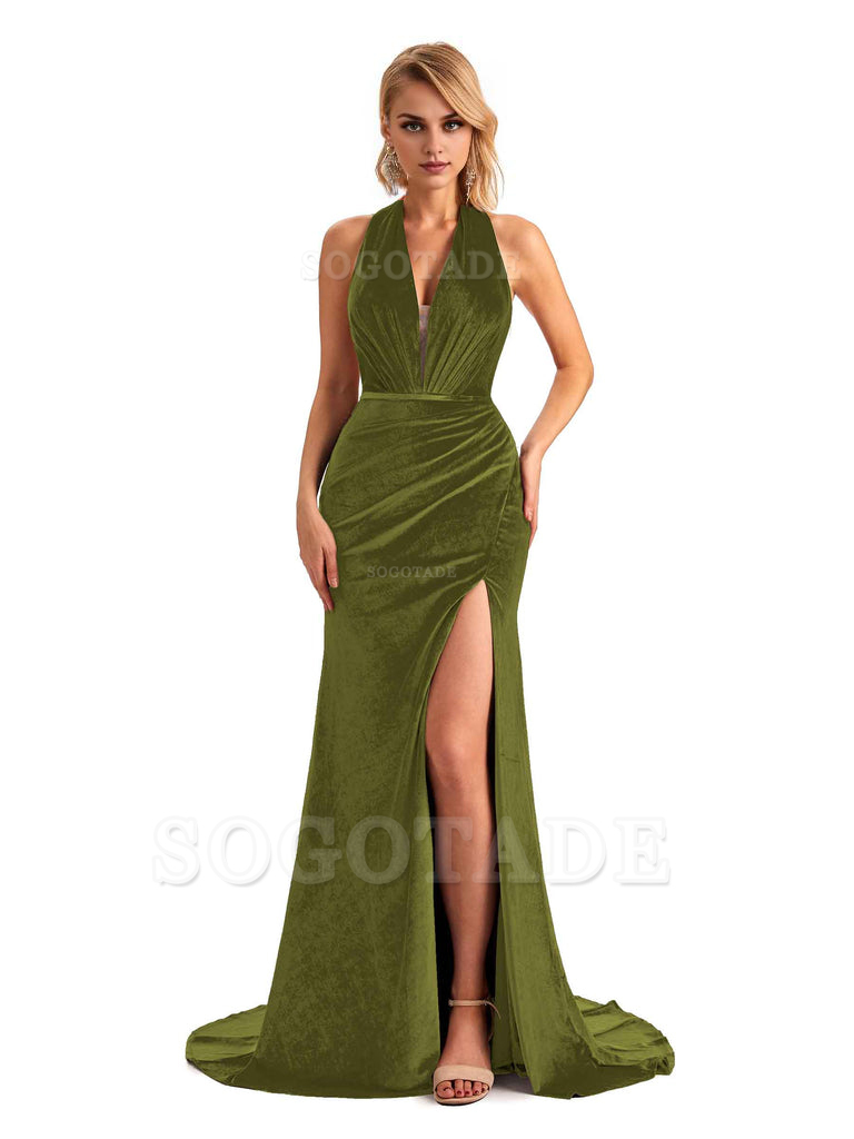 Sexy Side Slit Mermaid V-Neck Stretchy Jersey Long Floor Length Formal