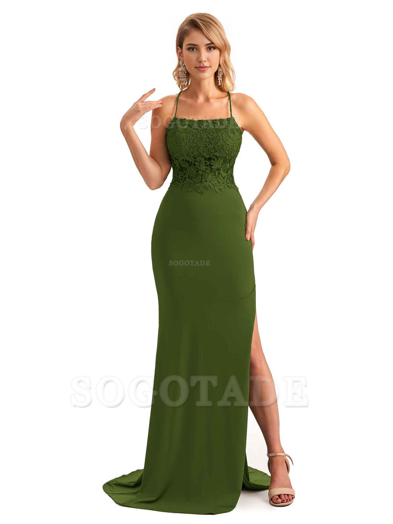 Sexy Side Slit Spaghetti Straps Open Back Mermaid Lace Applique Long Formal Bridesmaid Dresses