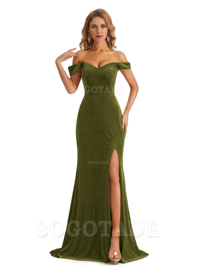 Elegant Simple Mermaid Off The Shoulder Backless Side Slit Velvet Long Charming Bridesmaid Dresses Formal Women's Dresses Wedding Guests Dresses