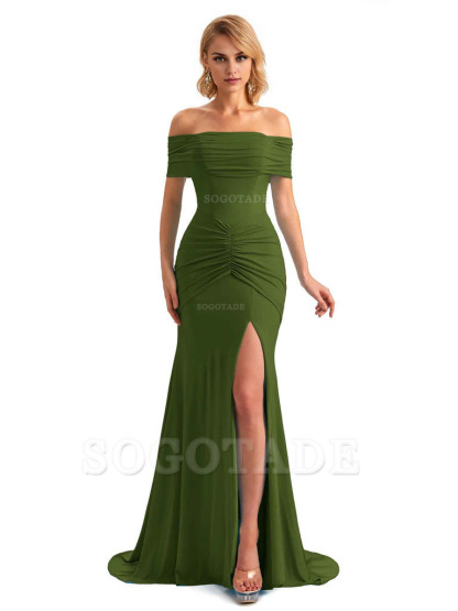 Elegant Mermaid Off The Shoulder Side Slit Stretchy Jersey Long Formal Bridesmaid Dresses