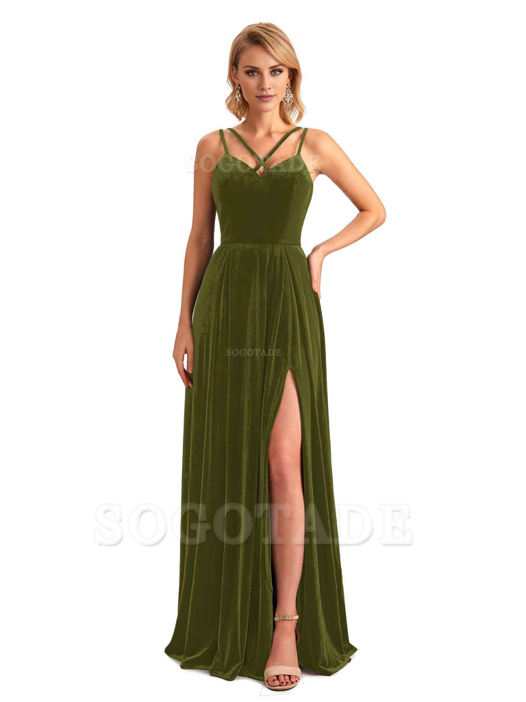 Sexy Side Slit Spaghetti Straps Unique Velvet Long Bridesmaid Dresses Online