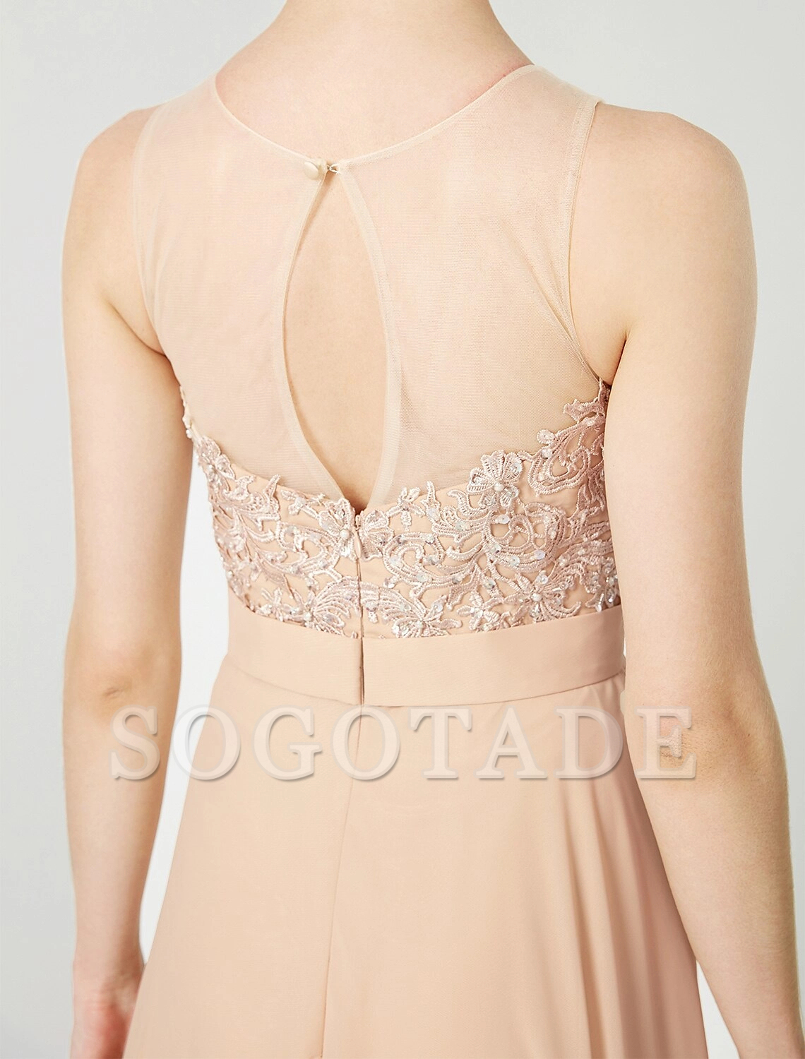 A-Line Classic & Timeless Keyhole Pastel Colors Holiday Cocktail Party Prom Dress Illusion Neck Sleeveless Floor Length Chiffon Beaded Lace with Pleats Appliques-SOGOTADE