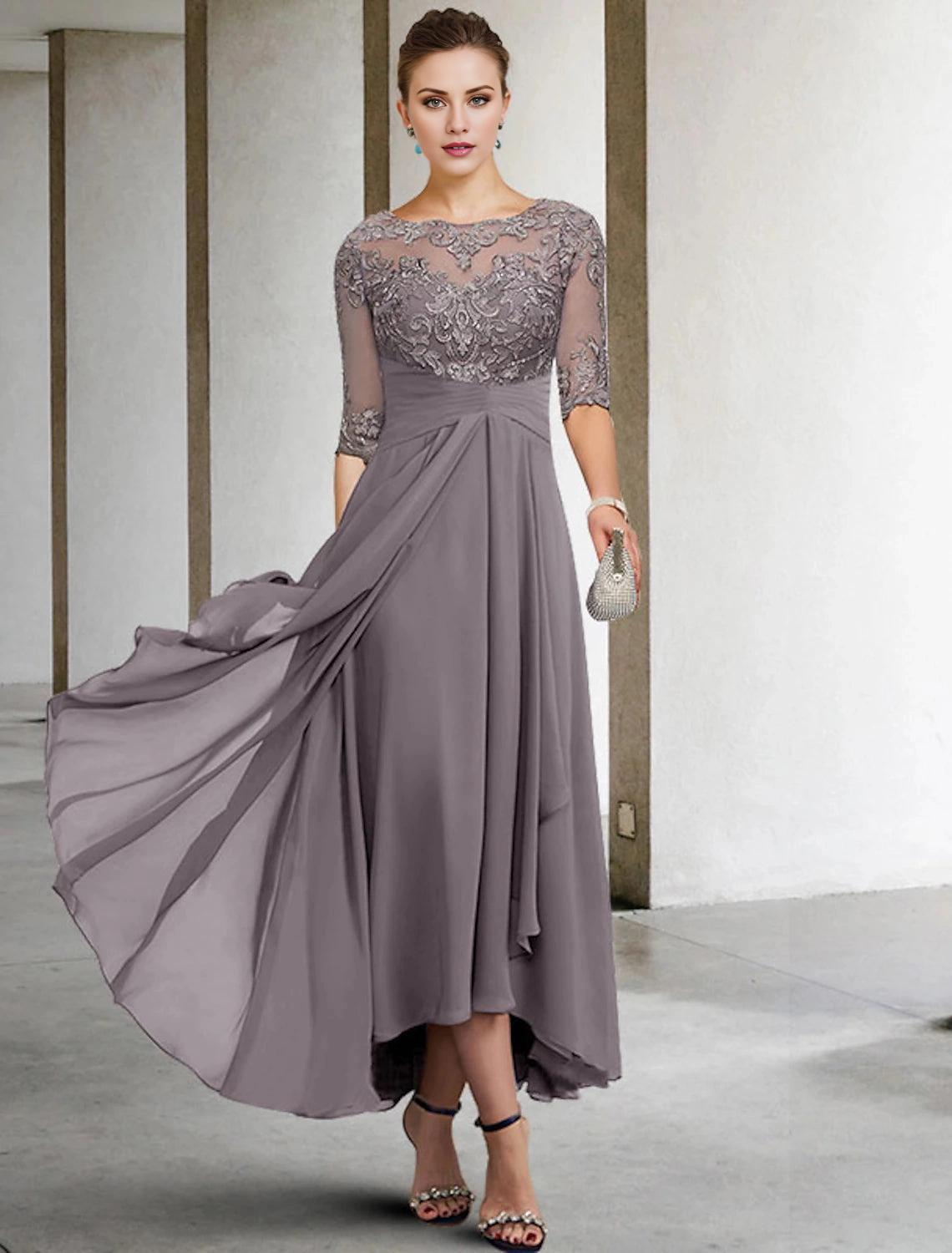 A-Line Mother of the Bride Dress Fall Wedding Guest Dresses Plus Size Elegant High Low V Neck Asymmetrical Ankle Length Chiffon Lace Half Sleeve with Beading Appliques-SOGOTADE