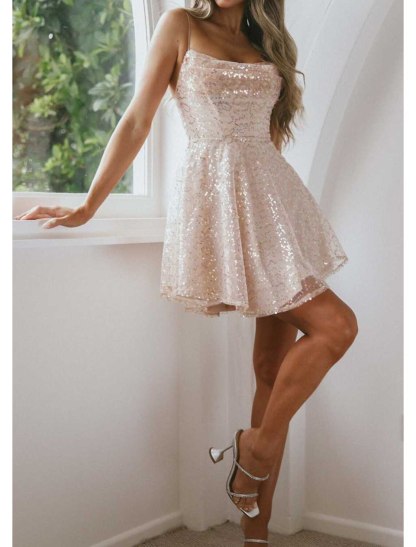 A-Line Homecoming Dresses Sparkle & Shine Dress Party Wear Cocktail Party Short / Mini Sleeveless Spaghetti Strap Pink Dress Sequined with Sequin-SOGOTADE