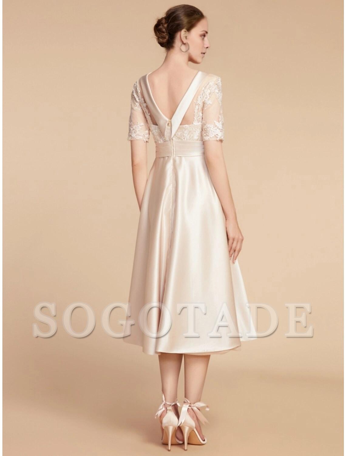 A-Line Mother of the Bride Dress Wedding Guest Elegant Petite Scoop Neck Knee Length Satin Lace Half Sleeve with Appliques Ruching Solid Color-SOGOTADE