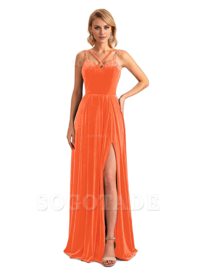 Sexy Side Slit Spaghetti Straps Unique Velvet Long Bridesmaid Dresses Online