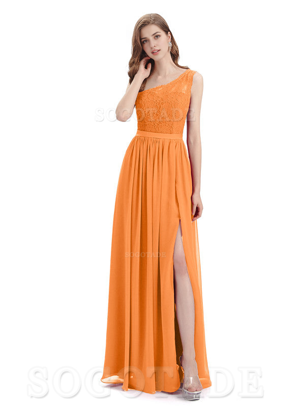 A-Line One Shoulder Top Lace Floor-Length Elegant Adoration Bridesmaid Dresses Formal Women's Dresses Wedding Guests Dresses