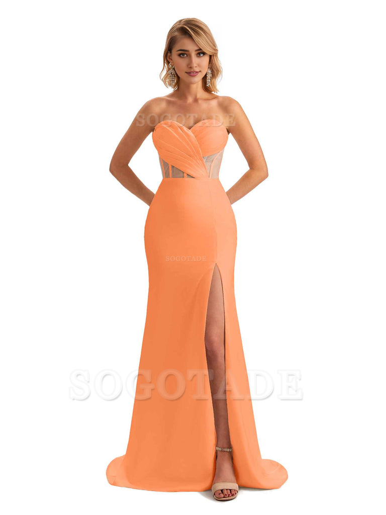 Sexy Sweetheart Strapless Side Slit Mermaid Soft Satin Unique Long Bridesmaid Dress For Wedding