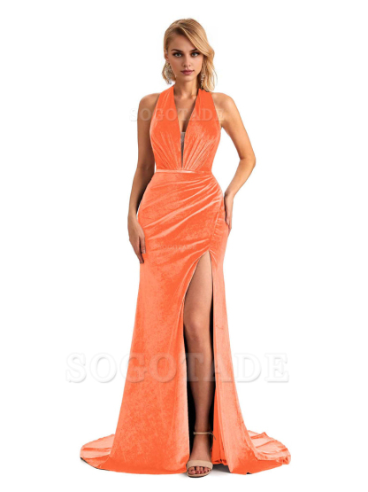 Sexy Deep V Neck Backless Mermaid Halter Side Slit Velvet Long Bridesmaid Dresses Online