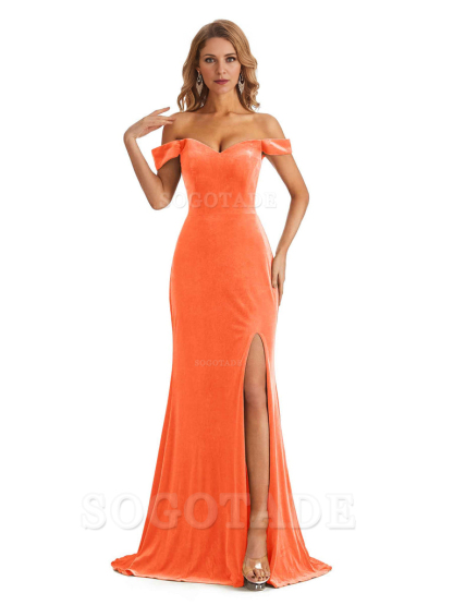 Elegant Simple Mermaid Off The Shoulder Backless Side Slit Velvet Long Charming Bridesmaid Dresses Formal Women's Dresses Wedding Guests Dresses