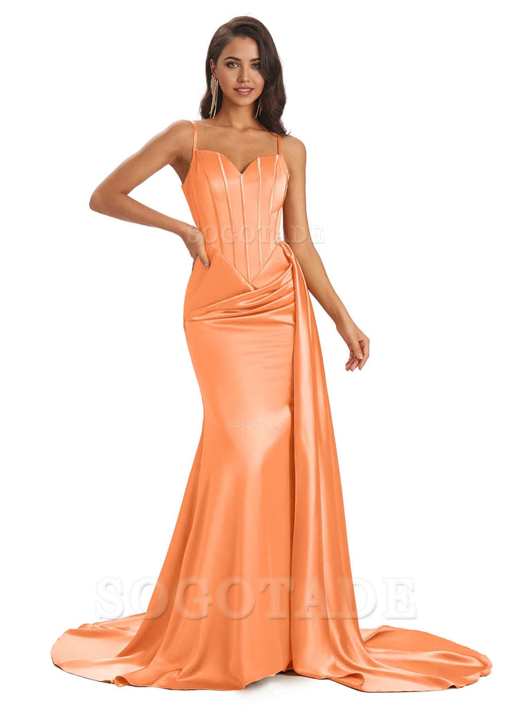 Sheath Spaghetti Satin Straps Floor-Length formal dresses evening gown Bridesmaid Dresses