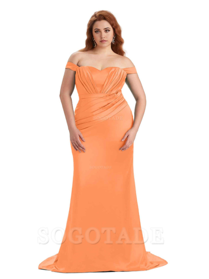 Sexy Mermaid Off The Shoulder Sweetheart Soft Satin Floor Length Long Plus Size Maid of Honor Dresses