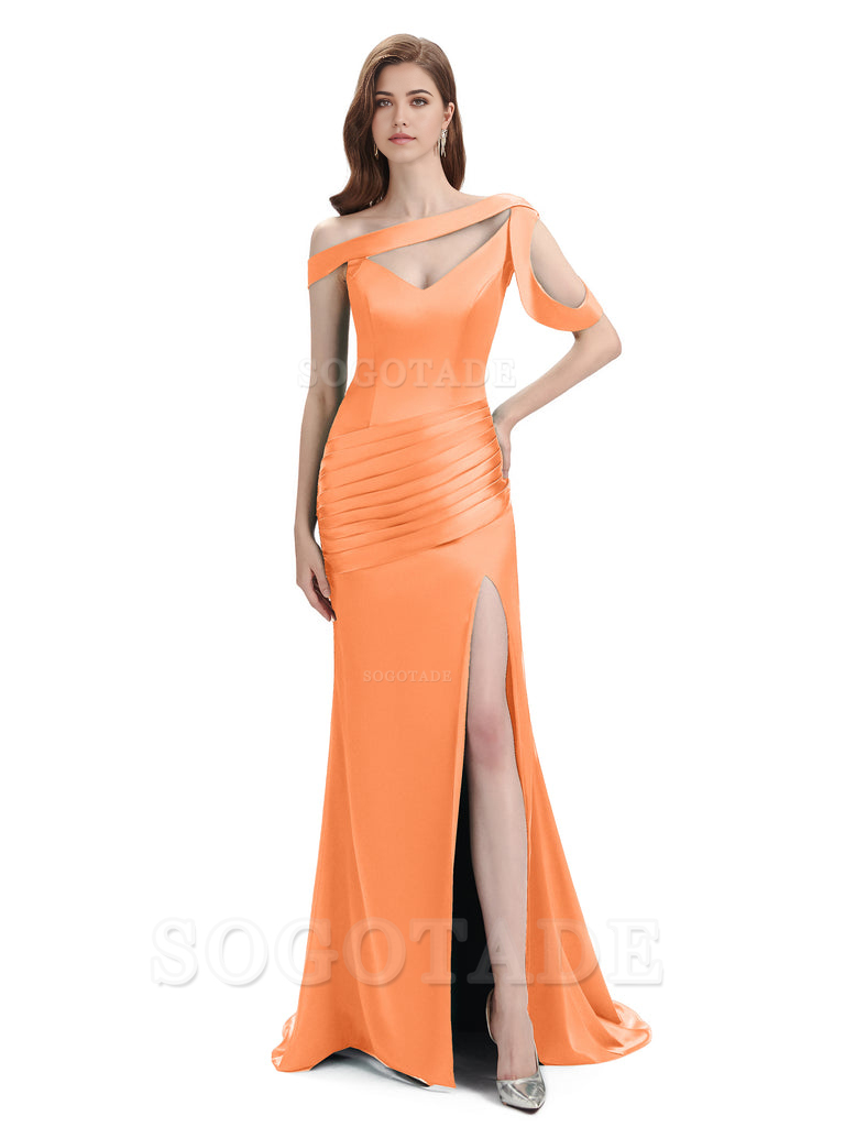 Mermaid V-Neck Satin Floor-Length formal dresses evening gown Bridesmaid Dresses With Side Slit 