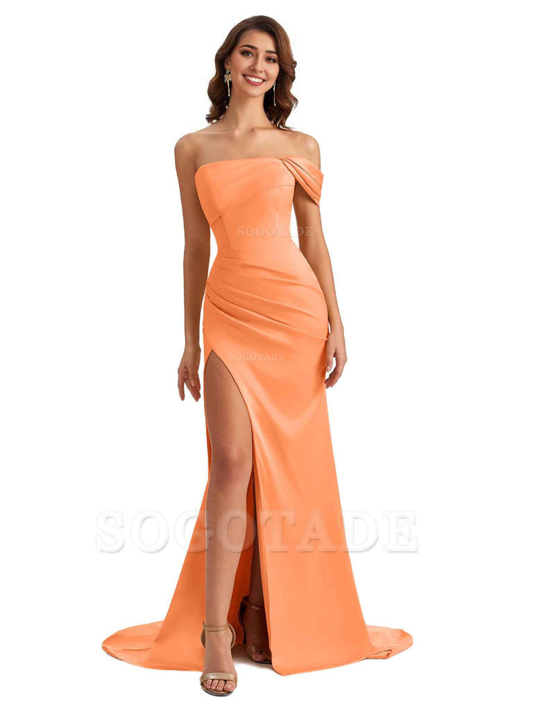 Unique One Shoulder Side Slit Satin Long Formal Dresses For Bridesmaid Dresses