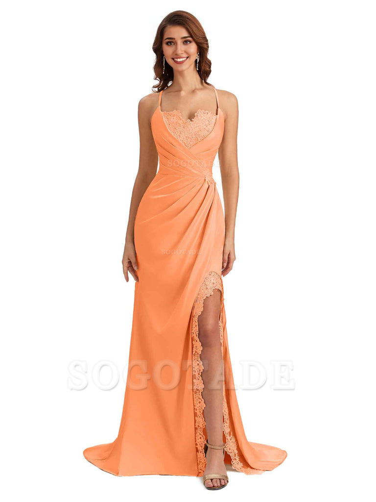 Sexy Side Slit Spaghetti Straps Lace Mermaid Silky Satin Wedding Guest Dresses