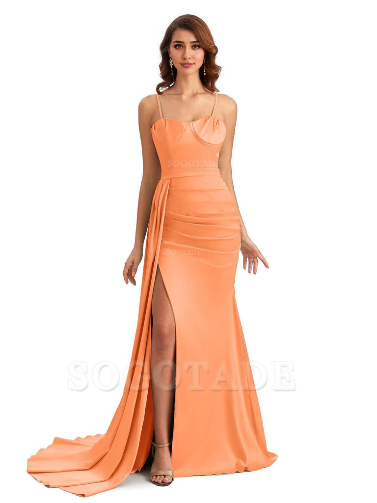 Sexy Spaghetti Straps Side Slit Mermaid Unique Long Bridesmaid Dresses In Satin