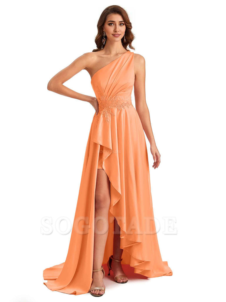 Sexy One Shoulder A-Line High Low Silky Satin Lace Long Formal Wedding Guest Dresses