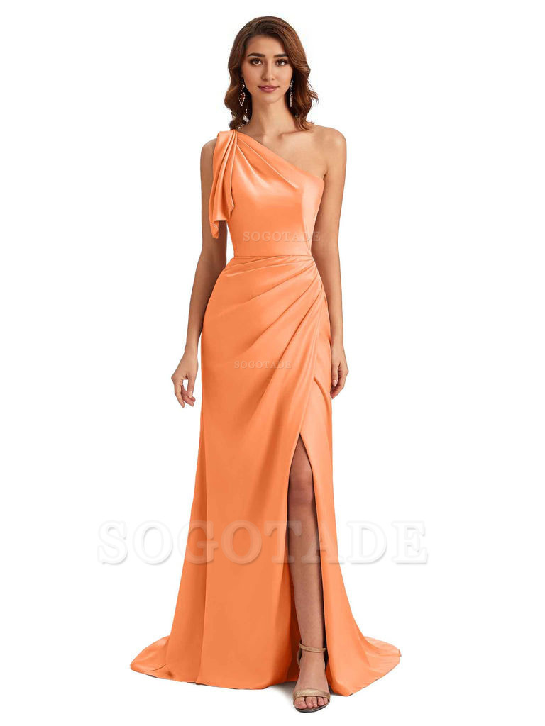 Sexy One Shoulder Mermaid Side Slit Unique Silky Satin Bridesmaid Dresses 
