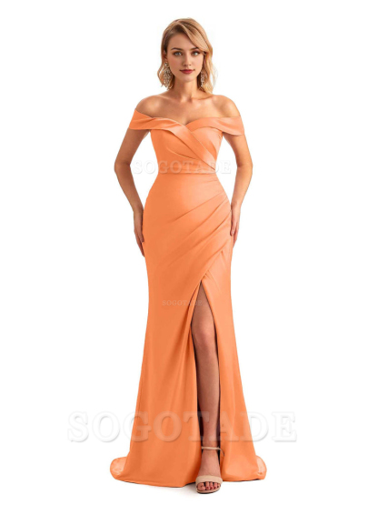 Off Shoulder Side Slit Mermaid Silky Satin Unique Long Formal Wedding Guest Dresses Online