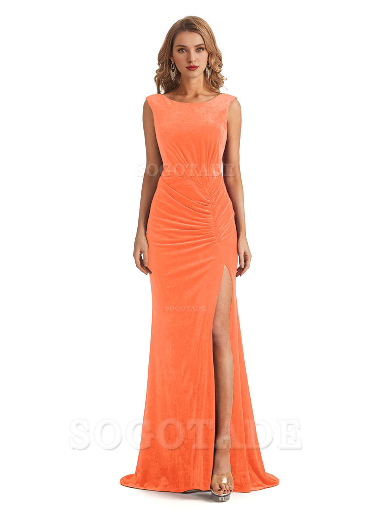 Sexy Open Back Mermaid Velvet Jewel High Split Maxi Long Bridesmaid Dresses Online