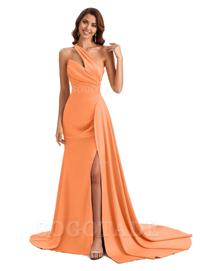 Mermaid One shoulder Satin formal dresses evening gown Bridesmaid Dresses With Side Slit 
