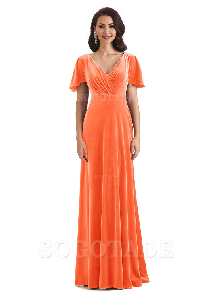 V-Neck Sexy See Through Short Sleeves Lace up Velvet Long Bridesmaid Dresses Formal Women's Dresses Wedding Guests Dresses