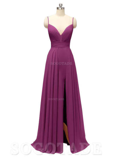 Honest Chiffon Spaghetti Straps Slit Long Bridesmaid Dresses prom shop dresses