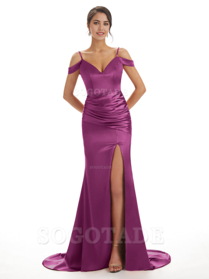 Mermaid Off The Shoulder Satin formal dresses evening gown Bridesmaid Dresses With Side Slit 