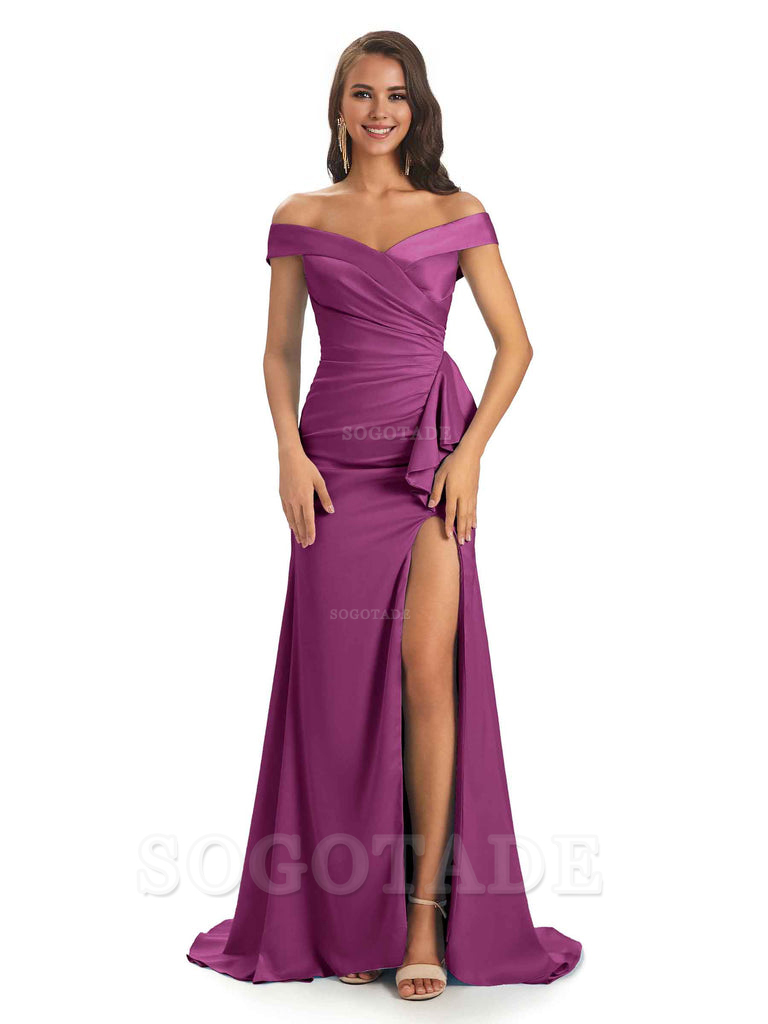 Sexy Soft Satin Side Slit Off The Shoulder Maxi Long Mermaid Bridesmaid Dresses prom shop dresses