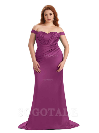 Sexy Mermaid Off The Shoulder Sweetheart Soft Satin Floor Length Long Plus Size Maid of Honor Dresses
