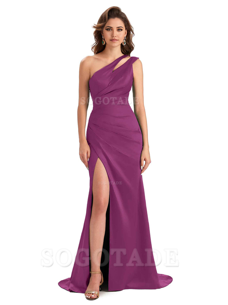 Mermaid One Shoulder Satin Sexy formal dresses evening gown Bridesmaid Dresses With Side Slit 