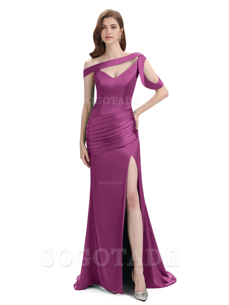 Mermaid V-Neck Satin Floor-Length formal dresses evening gown Bridesmaid Dresses With Side Slit 